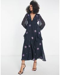 ASOS - Shirred Waist Button Through Midi Tea Dress With All Over Embroidery - Lyst