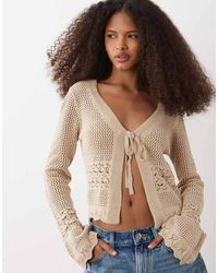 Brave Soul - Tie Front Crochet Knit Cardigan With Flared Sleeves - Lyst
