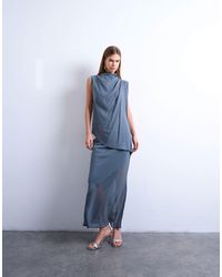 TOPSHOP - Top style tunique en satin avec empiècement en dentelle - bleu marine - Lyst