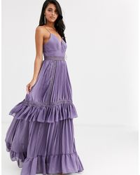 True Decadence Vestito lungo a balze con spalline sottili e cintura color malva - Viola