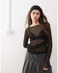 Collusion - Long Sleeve Branded Lace Sheer Top - Lyst