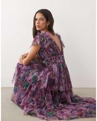 LACE & BEADS - Tulle Ruffle Shoulder Plunge Neck Tiered Maxi Dress - Lyst