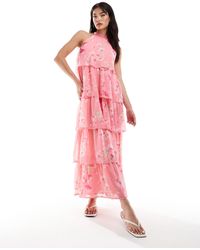 Vila - Vestido largo rosa escalonado con estampado floral vintage y cuello alto - Lyst