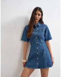 TOPSHOP - Denim Short Sleeve Button-down Mini Dress - Lyst