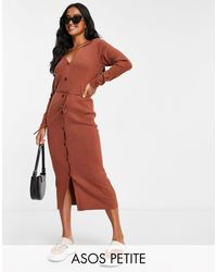 ASOS - Asos Design Petite Knitted Midi Dress With Open Collar And Tie Waist - Lyst