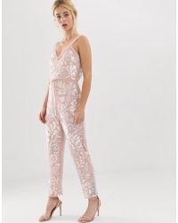 Needle & Thread Needle And Thread Floral Embellished Jumpsuit With Tie Waist In Rose Quartz - Pink