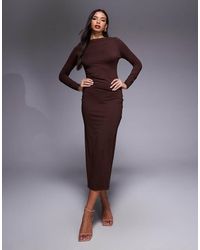 ASOS - Vestido Largo Marrón Chocolate De Manga Larga Con Detalle De Costura Fruncida En El Lateral De -Gris - Lyst