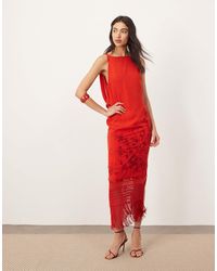 ARRANGE - Embroidered Drape Back Midi Dress With Fringe Hem - Lyst