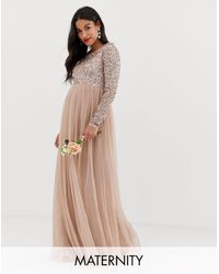 Maya Maternity Bridesmaid Long Sleeved Maxi Dress With Delicate Sequin And Tulle Skirt - Multicolour
