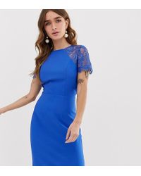 Chi Chi London Pencil Dress With Lace Insert And Cap Sleeve In Blue