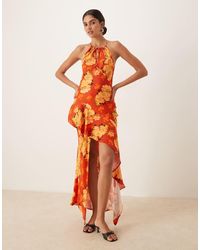 ASOS - Vestido Lencero Largo Con, Cuello Halter Y Detalle De Volante En El Bajo De Satén De - Lyst