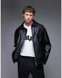 TOPMAN - Chaqueta Bomber Negra De Cuero Sintético De -Marrón - Lyst