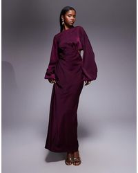 ASOS - Vestido Largo De Manga Larga Con Detalle De Abertura Y Nudo En La Espalda De -Morado - Lyst