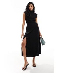 ASOS - Linen High Neck Grown On Sleeve Midi Dress With Open Back And Button Neck Detail - Lyst