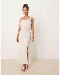 ASOS - Linen Mix Twist Shoulder Detail Midi Dress With Ruching - Lyst