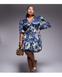 ASOS - Curve Jacquard Puff Sleeve Collared Mini Dress With Embellished Buttons - Lyst
