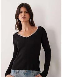 Miss Selfridge - Rib Knit Lace Trim Scoop Fitted Top - Lyst
