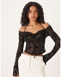 ASOS - Long Sleeve Sheer Flocked Floral Mesh Top - Lyst