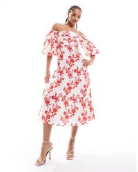 Nobody's Child - Vestido Semilargo Con Escote Bardot, Mangas Globo Y Estampado Floral Grande Rojo Maxine De - Lyst