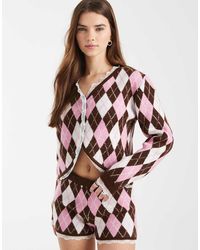 Miss Selfridge - Argyle Cardigan With Lace Trim Co-Ord - Lyst