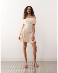 Lioness - Bardot Ruched Waist Pleated Drop Hem Mini Dress - Lyst