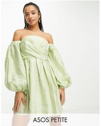 ASOS - Asos Design Petite Washed Off Shoulder Balloon Slv Mini Dress With Wrap Corset Detail - Lyst