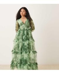 LACE & BEADS - Tulle Plunge Neck Sheer Sleeve Tiered Maxi Dress - Lyst