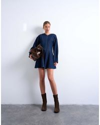 TOPSHOP - Denim Long Sleeve Flared Mini Dress - Lyst