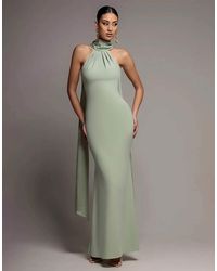 Goddiva - Sculpting Stretch Jersey & Velvet Satin Cape Sleeve Halterneck Maxi Dress - Lyst