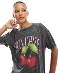 New Look - Camiseta Gris Extragrande Con Lavado Ácido Y Estampado De Cerezas De - Lyst