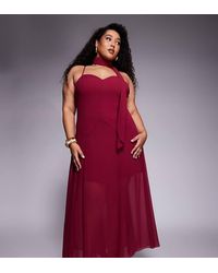 Forever New - Vestito Lungo Bordeaux Con Sciarpa Al Collo, Fondo A Fazzoletto E Spalline Sottili - Lyst