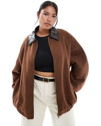 ASOS - Asos Design Curve Wool Blend Heritage Leather Look Collar Bomber - Lyst