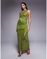 ASOS - Midi Jurk Met Lovertjes, Verdraaide Steek, Blote Schouder En Gedrapeerde Panelen Met Franjes - Lyst