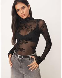 Free People - Top en tulle à manches longues et col montant avec motif en filigrane - Lyst
