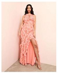 ASOS - Lace Ruffle Chiffon Halter Maxi Dress With Corsage Detail - Lyst