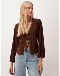 Miss Selfridge - Balloon Long Sleeve Tie Front Top With Lace - Lyst