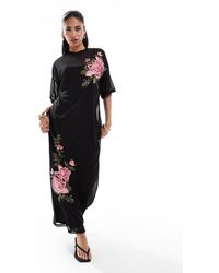 ASOS - Vestido Semilargo Extragrande Estilo Camiseta Con Bordado De Rosas De Malla De - Lyst