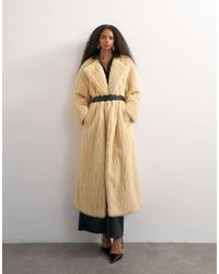 TOPSHOP - Faux Fur Longline Coat With Faux Leather Belt - Lyst