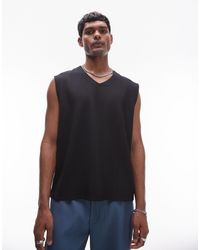 TOPMAN - Camiseta negra plisada sin mangas extragrande con cuello - Lyst