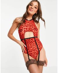 Leg Avenue Leopard Underboob Garter Bodysuit - Red