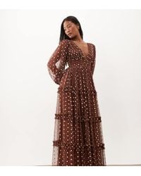 LACE & BEADS - Tulle Sheer Balloon Sleeve Plunge Neck Tiered Maxi Dress - Lyst