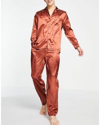ASOS Satin Lounge Shirt And Pants Pajama Set - Brown