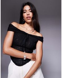 ASOS - Top De Manga Corta Con Escote Bardot Y Detalle De Lazada De Tejido Texturizado De - Lyst