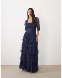 LACE & BEADS - Tulle Fallen Shoulder Asymmetric Ruffle Detail Maxi Dress - Lyst