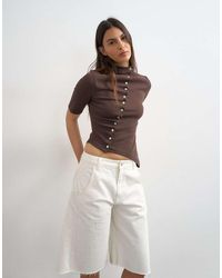 TOPSHOP - High Neck Ruffle Button Through Half Sleeve Top - Lyst