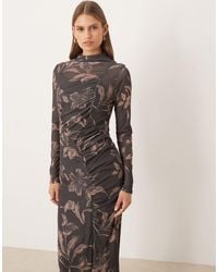 flutter sleeve ruched corset detail tiered midi dress in mauve ASOS Flutter Sleeve Ruched Corset Detail Tiered Midi Dress