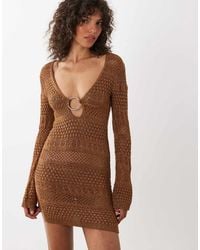 River Island - Long Sleeve Metallic Knitted Beach Dress - Lyst