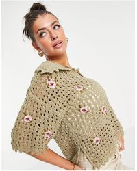 Mango Crochet Flower Knit Top With Collar - Green