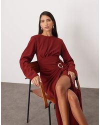 ARRANGE - Long Sleeve Draped Satin Maxi Dress With Gold Hardware - Lyst