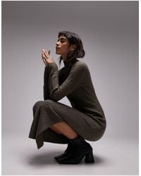 TOPSHOP - Knitted Long Sleeve Shaped Funnel Midi Dress - Lyst